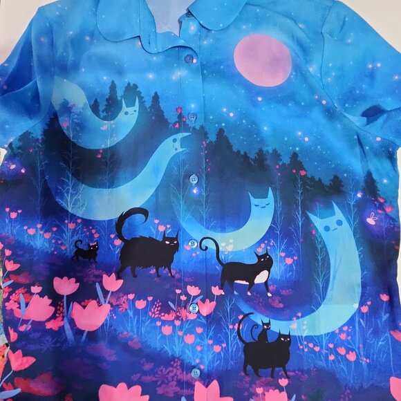 Blackmilk Kitty Parade Cute As A Button Shirt Cats Ghost size 14  XL US - Picture 5 of 7